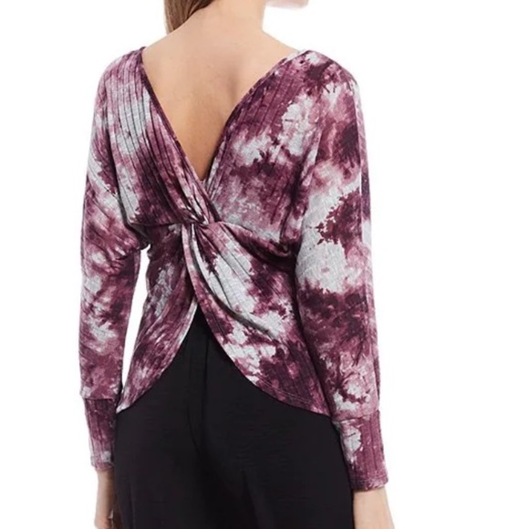 I. N. San Francisco Dolman Sleeve Tie-Dye Twist Back Top in Dark Mauve - Picture 1 of 15